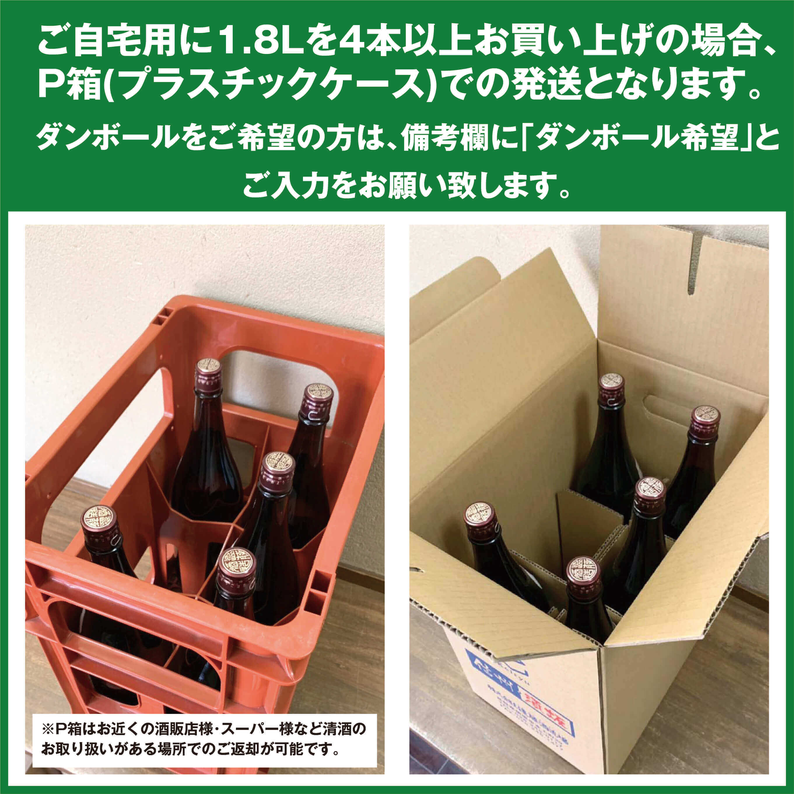 1.8Lを4本ご注文の場合、P箱でお届けします。